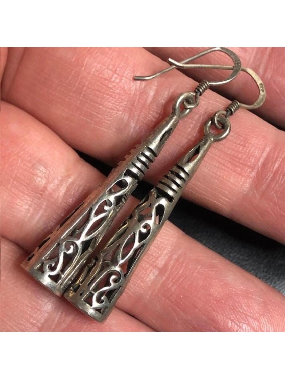 B1181 Sterling Silver 925 Filigree Dangle Earrings  Scroll 2" estate 5.1g